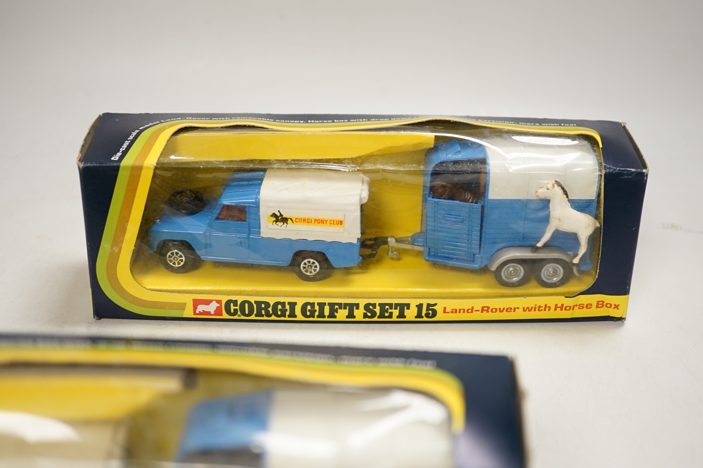 Two boxed Corgi Toys Gift Set 15; Land-Rover with Rice’s Beaufort Double Horse Box, both complete with horses